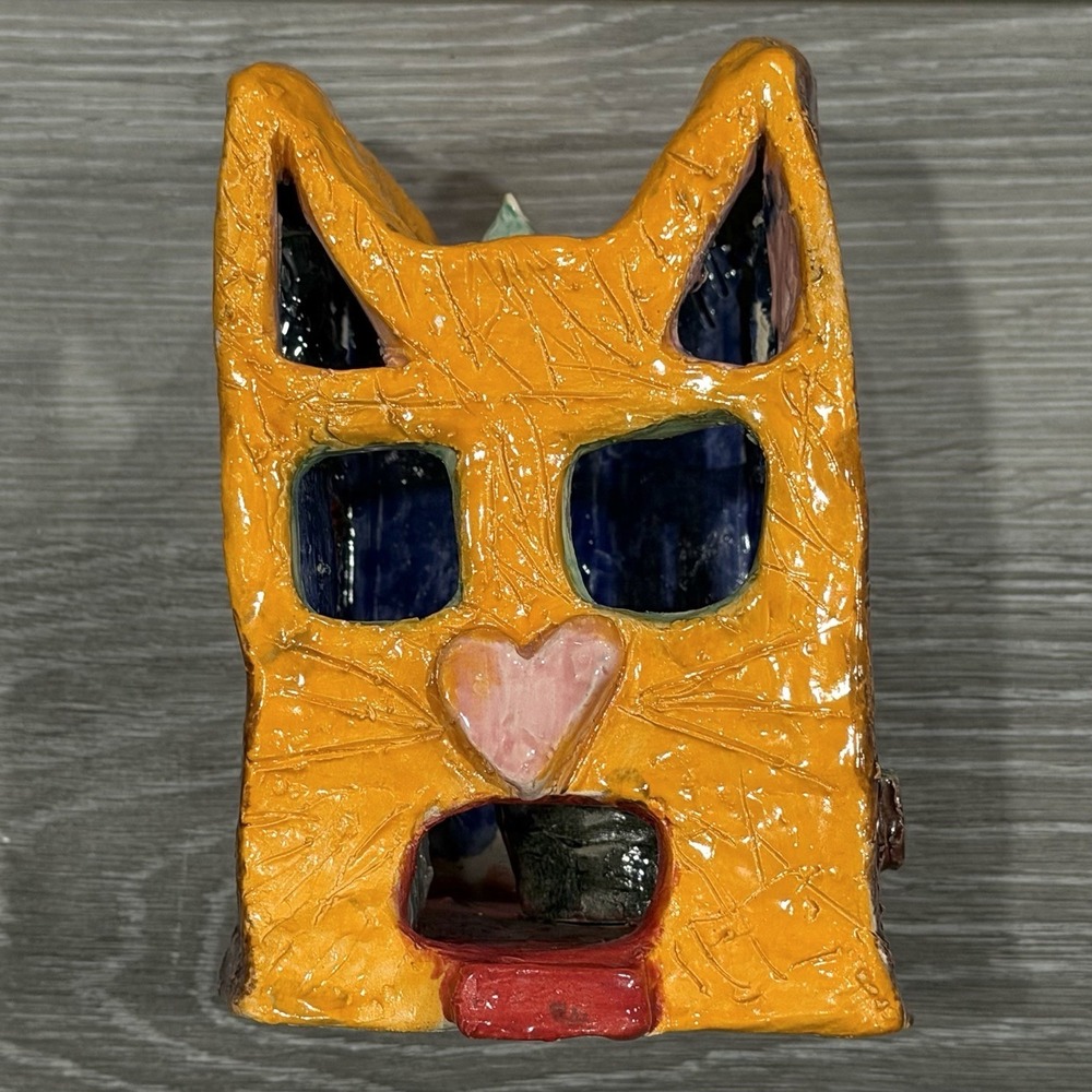Handmade Ceramic Cat House Luminary Tealight Candle Holder‎ Orange Folk Art